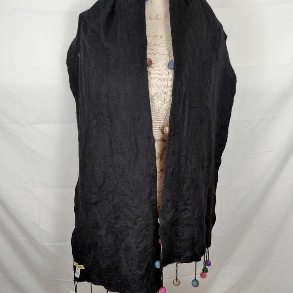 Sugar Dot Wool & Silk Black with Multicolored Wool Balls Scarf Handmade NWT - Picture 8 of 11